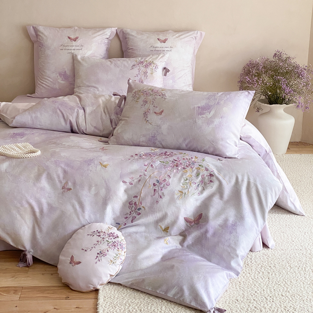 91家纺网 家纺一手货源 找家纺 （总）水云缦 2026春季新品100S长绒棉印加绣系列四件套--紫藤