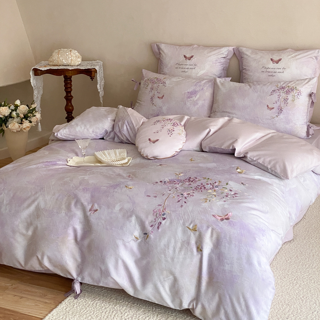 91家纺网 家纺一手货源 找家纺 （总）水云缦 2026春季新品100S长绒棉印加绣系列四件套--紫藤