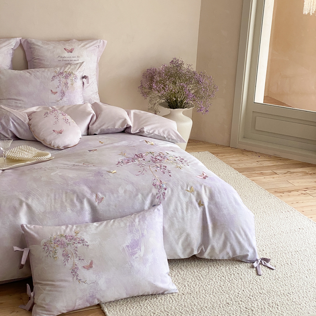 91家纺网 家纺一手货源 找家纺 （总）水云缦 2026春季新品100S长绒棉印加绣系列四件套--紫藤