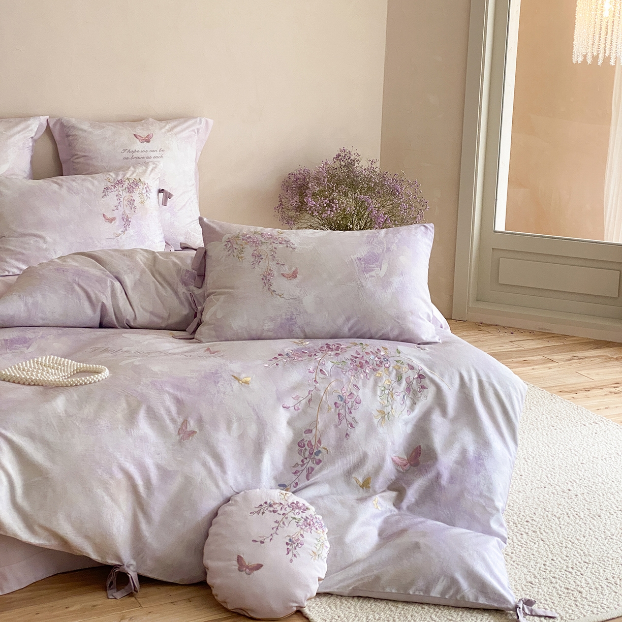 91家纺网 家纺一手货源 找家纺 水云缦 2026春季新品100S长绒棉印加绣系列四件套--紫藤 紫藤-紫色