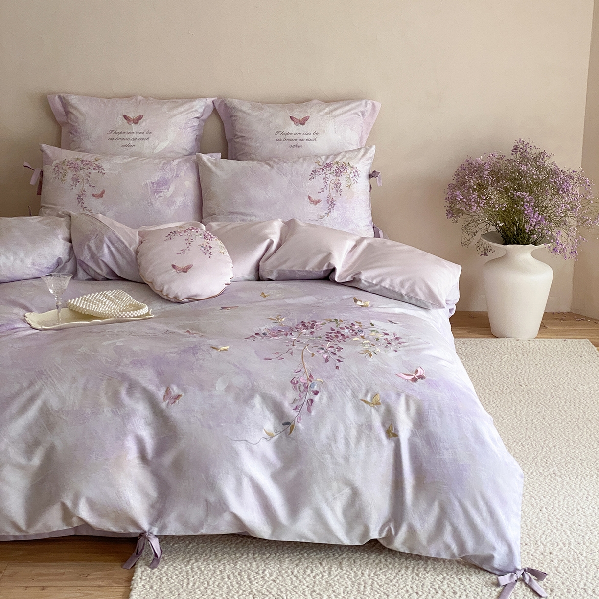 91家纺网 家纺一手货源 找家纺 水云缦 2026春季新品100S长绒棉印加绣系列四件套--紫藤 紫藤-紫色