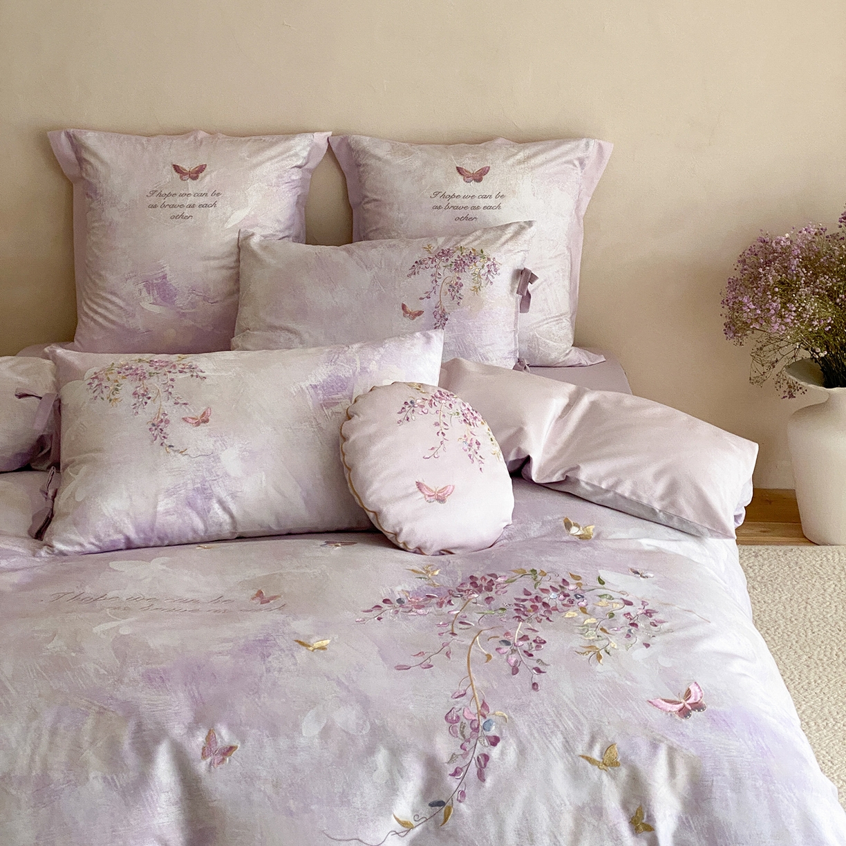 91家纺网 家纺一手货源 找家纺 水云缦 2026春季新品100S长绒棉印加绣系列四件套--紫藤 紫藤-紫色