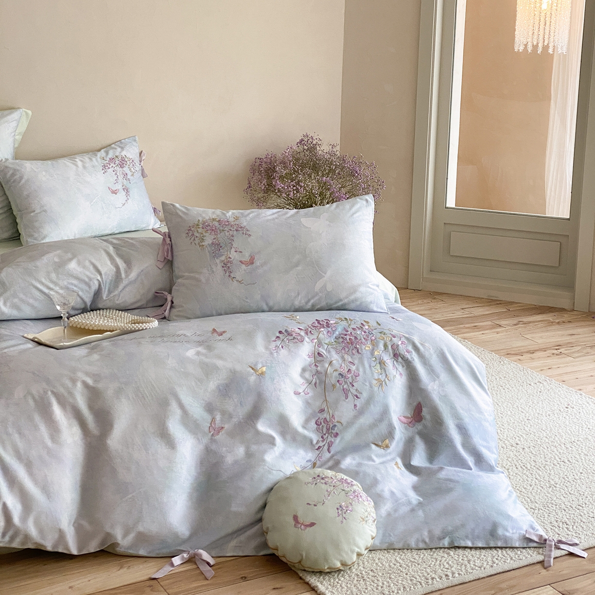 91家纺网 家纺一手货源 找家纺 水云缦 2026春季新品100S长绒棉印加绣系列四件套--紫藤 紫藤-雾蓝