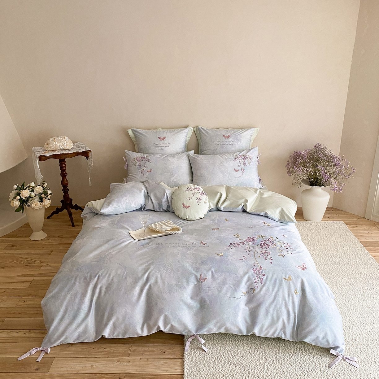 91家纺网 家纺一手货源 找家纺 水云缦 2026春季新品100S长绒棉印加绣系列四件套--紫藤 紫藤-雾蓝