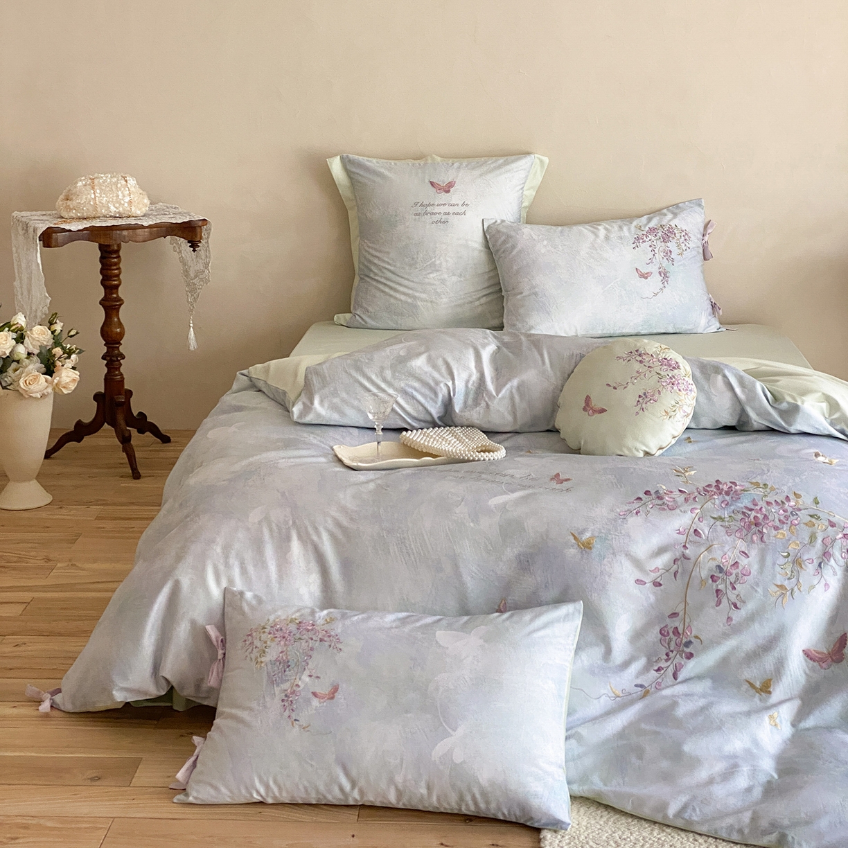 水云缦 2026春季新品100S长绒棉印加绣系列四件套--紫藤 紫藤-雾蓝