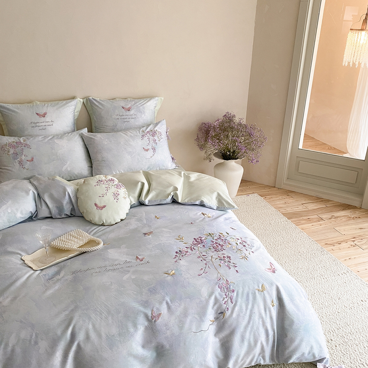 91家纺网 家纺一手货源 找家纺 水云缦 2026春季新品100S长绒棉印加绣系列四件套--紫藤 紫藤-雾蓝