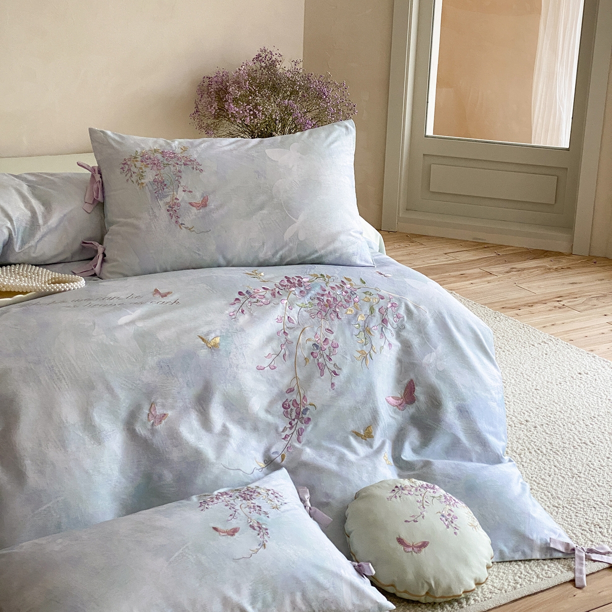 91家纺网 家纺一手货源 找家纺 水云缦 2026春季新品100S长绒棉印加绣系列四件套--紫藤 紫藤-雾蓝