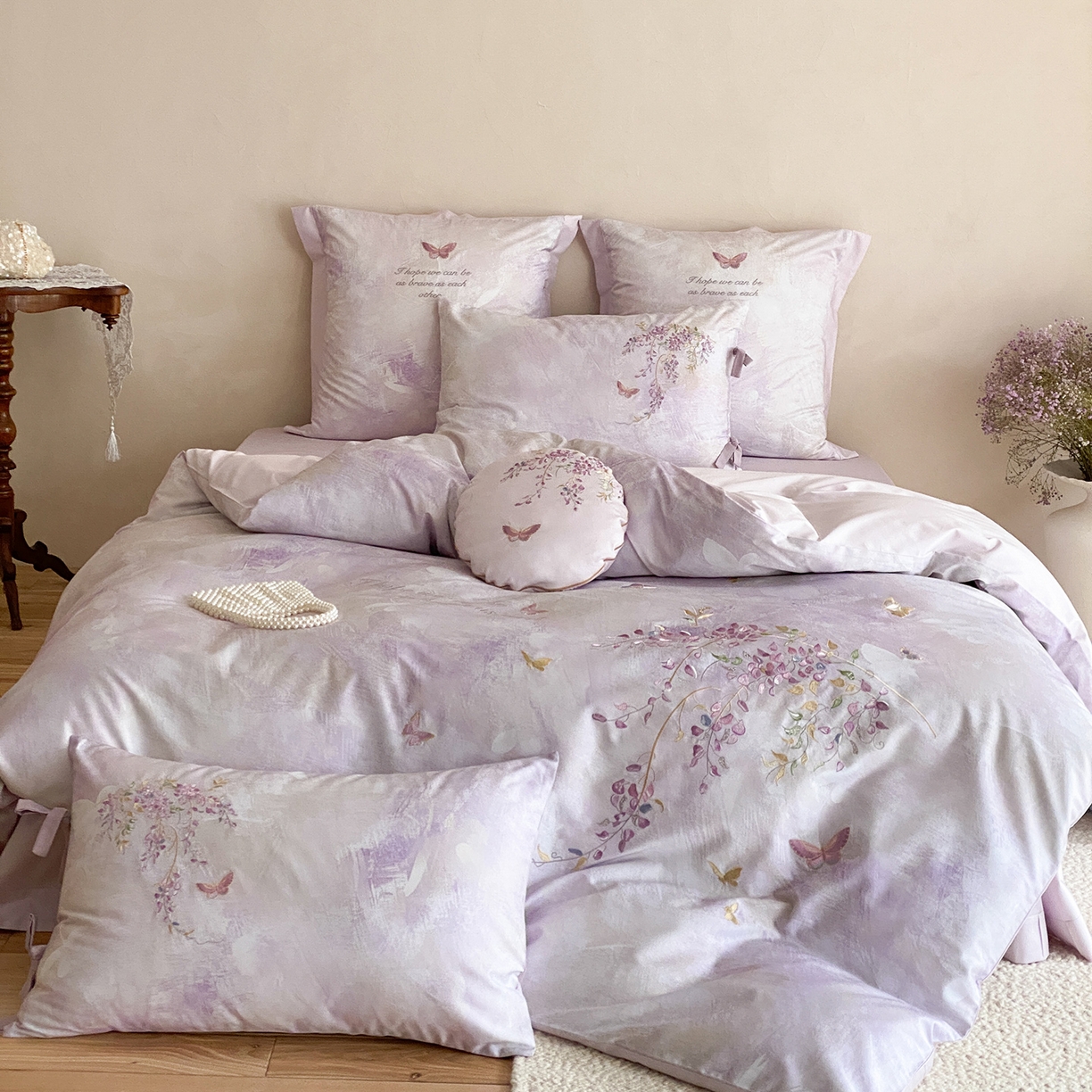 91家纺网 家纺一手货源 找家纺 水云缦 2026春季新品100S长绒棉印加绣系列四件套--紫藤 紫藤-紫色