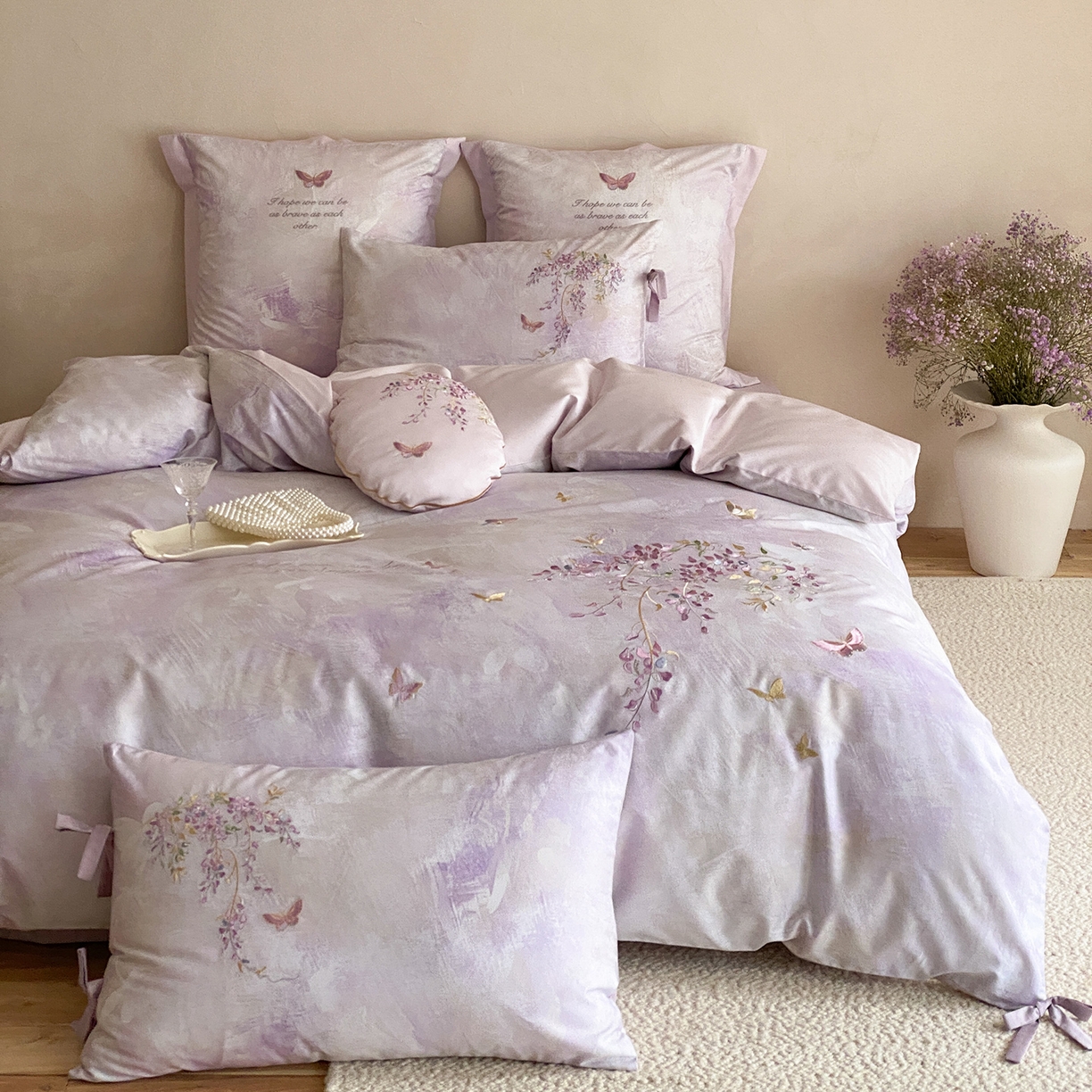 91家纺网 家纺一手货源 找家纺 水云缦 2026春季新品100S长绒棉印加绣系列四件套--紫藤 紫藤-紫色