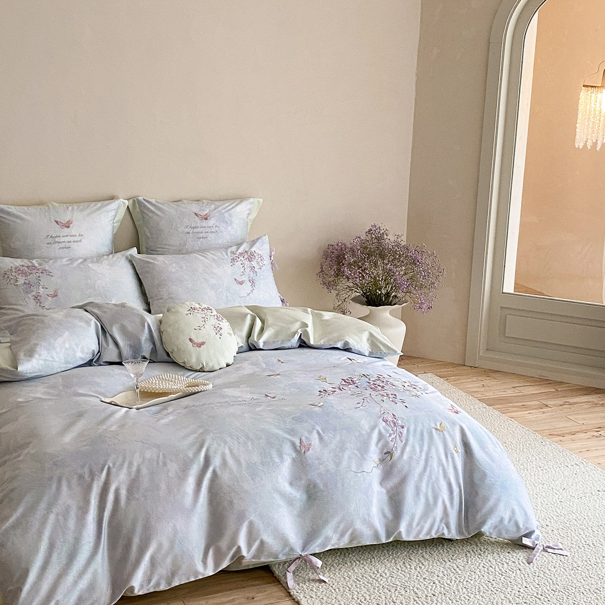 91家纺网 家纺一手货源 找家纺 水云缦 2026春季新品100S长绒棉印加绣系列四件套--紫藤 紫藤-雾蓝