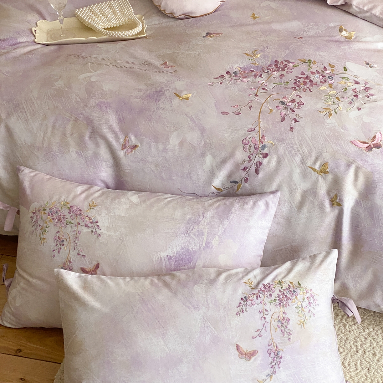 91家纺网 家纺一手货源 找家纺 水云缦 2026春季新品100S长绒棉印加绣系列四件套--紫藤 紫藤-紫色