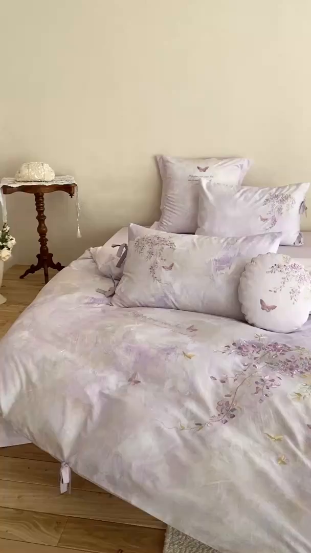 91家纺网 家纺一手货源 找家纺 水云缦 2026春季新品100S长绒棉印加绣系列四件套--紫藤 紫藤-紫色