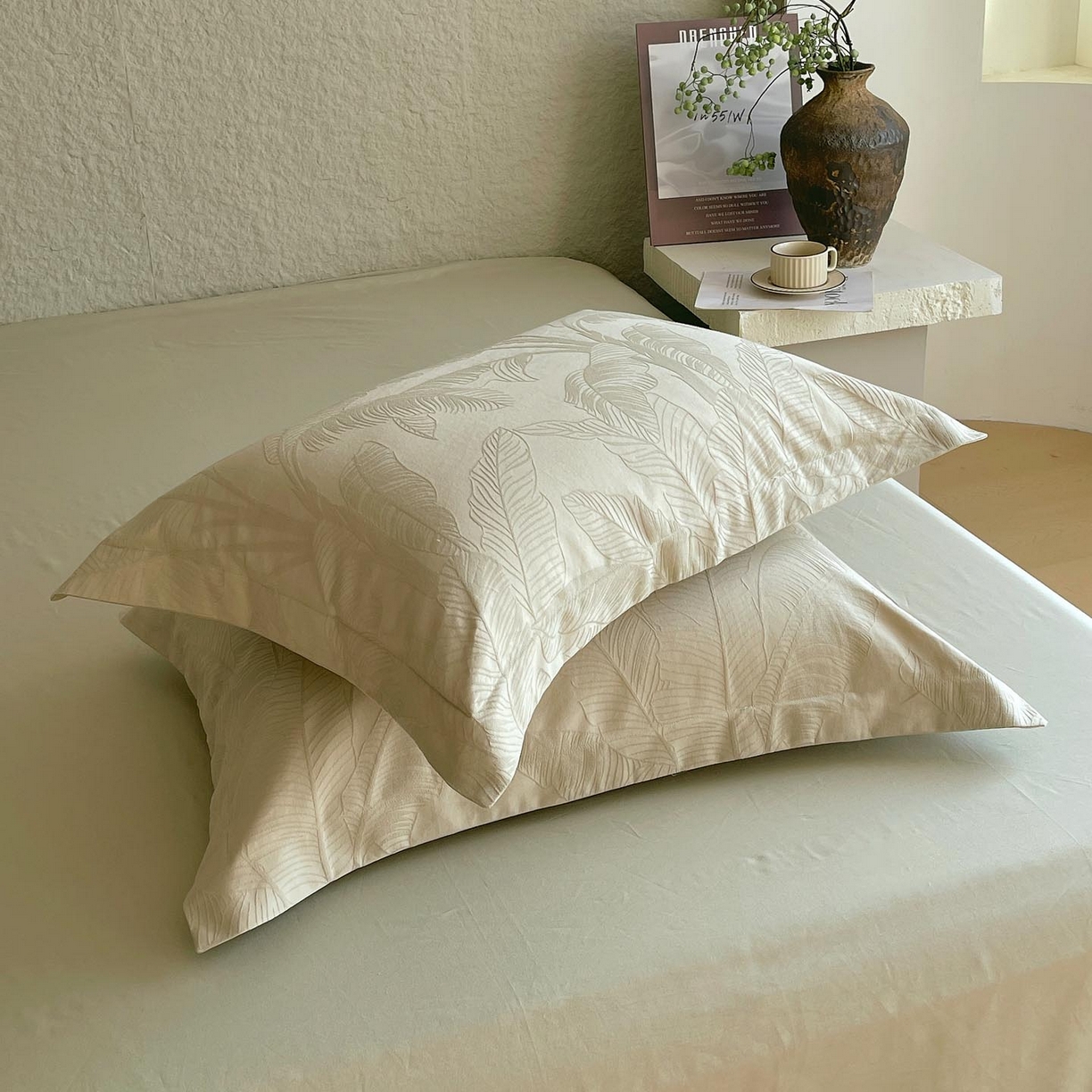 91家纺网 家纺一手货源 找家纺 宜家坊 2026新款A类全棉纯棉亮面浮雕提花四件套 焦野-奶绿