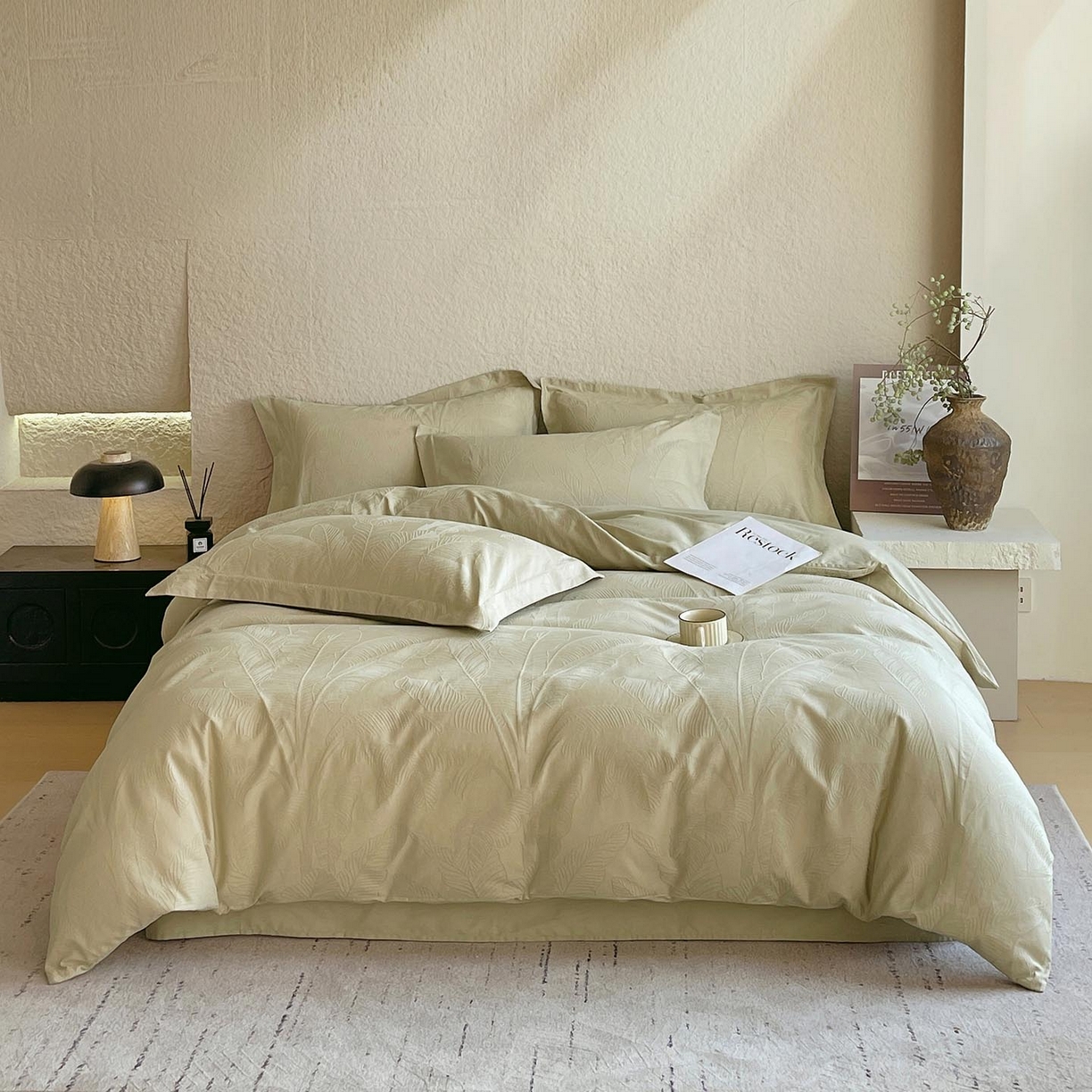 91家纺网 家纺一手货源 找家纺 宜家坊 2026新款A类全棉纯棉亮面浮雕提花四件套 焦野-奶绿