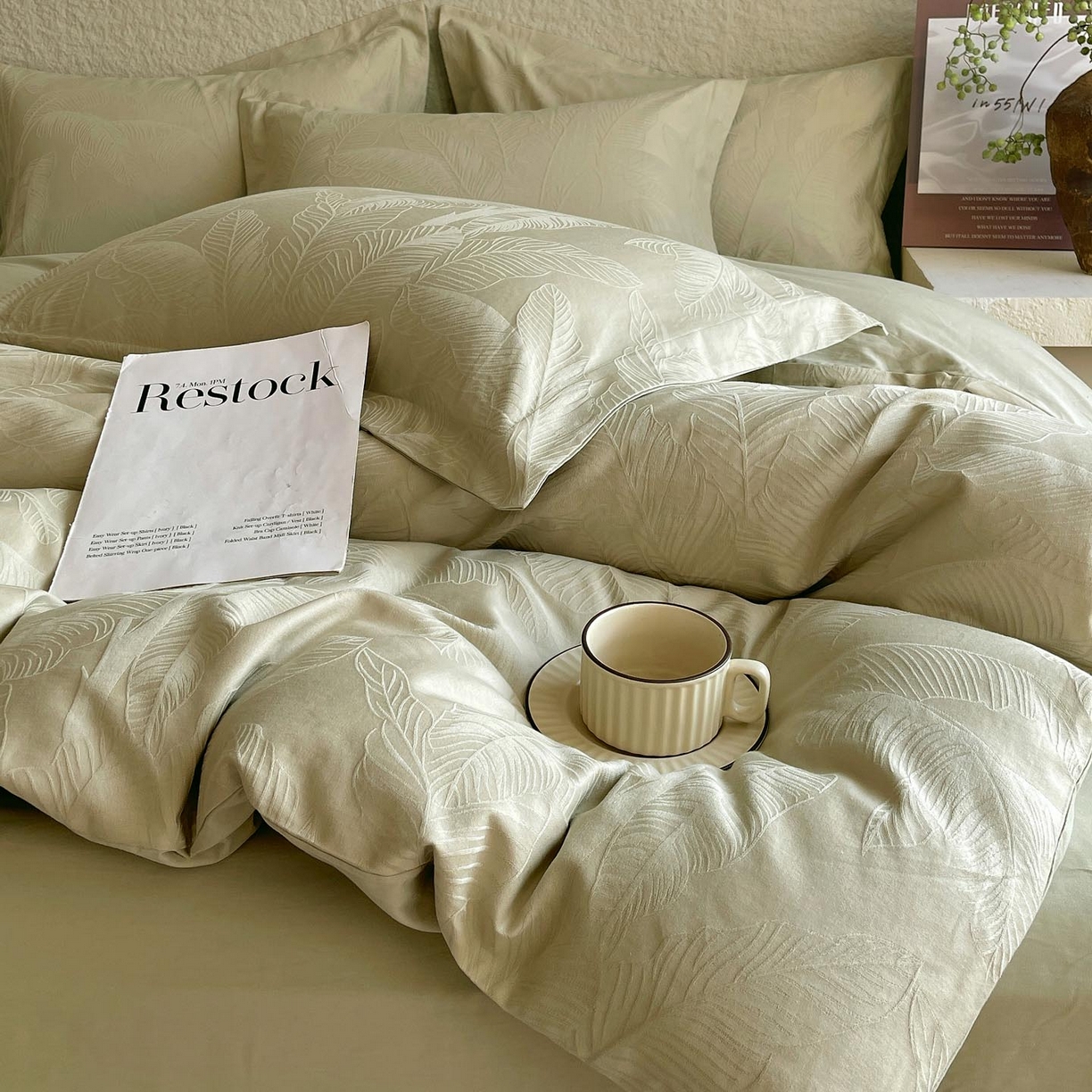 91家纺网 家纺一手货源 找家纺 宜家坊 2026新款A类全棉纯棉亮面浮雕提花四件套 焦野-奶绿