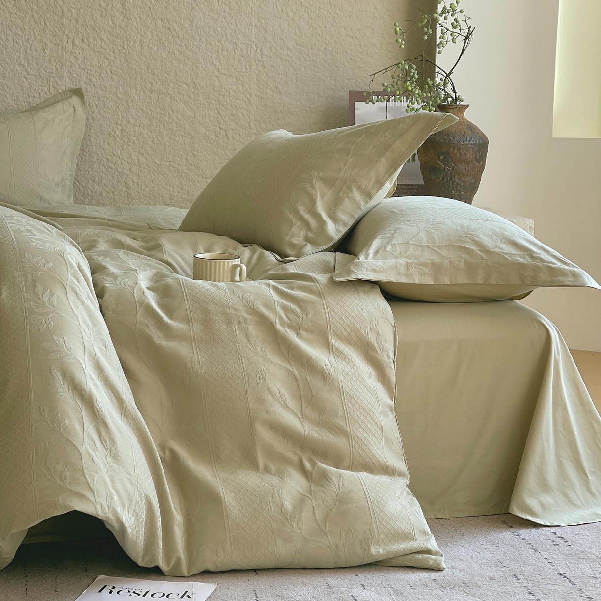 91家纺网 家纺一手货源 找家纺 宜家坊 2026新款A类全棉纯棉亮面浮雕提花四件套 芊芊叶语-奶绿