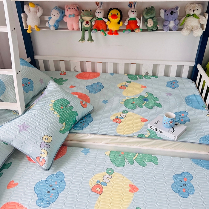 91家纺网 家纺一手货源 找家纺 小虾米 2026新款凉感丝乳胶凉席上下床床笠 小恐龙兰