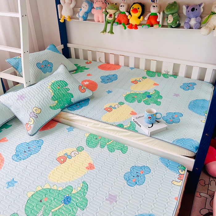 91家纺网 家纺一手货源 找家纺 小虾米 2026新款凉感丝乳胶凉席上下床床笠 小恐龙兰