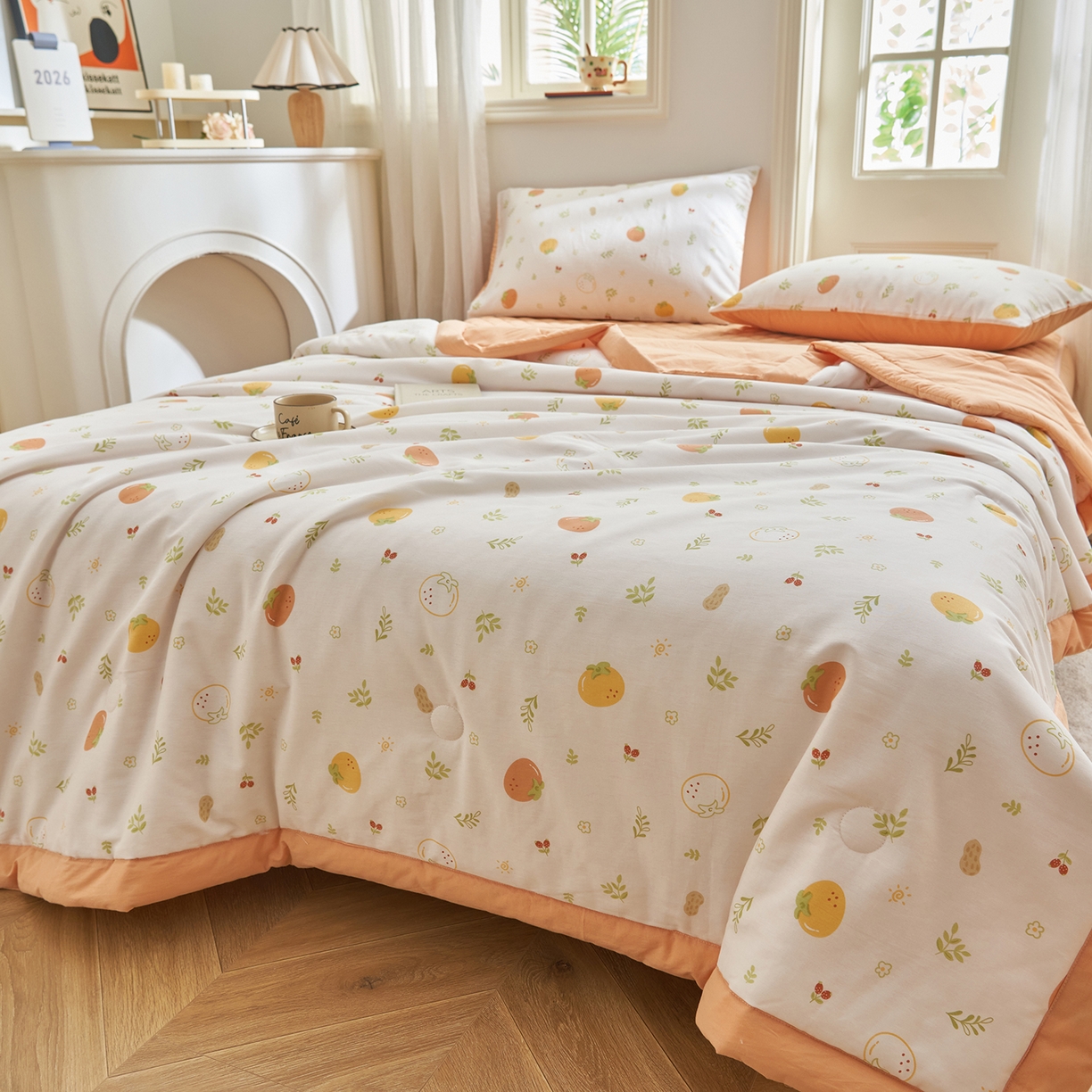 91家纺网 家纺一手货源 找家纺 吾秀家居 吾诺 2026新款 12868全棉印花棉花夏被四件套 全棉夏被四件套新疆棉花被 - 经典系列 元气小橙