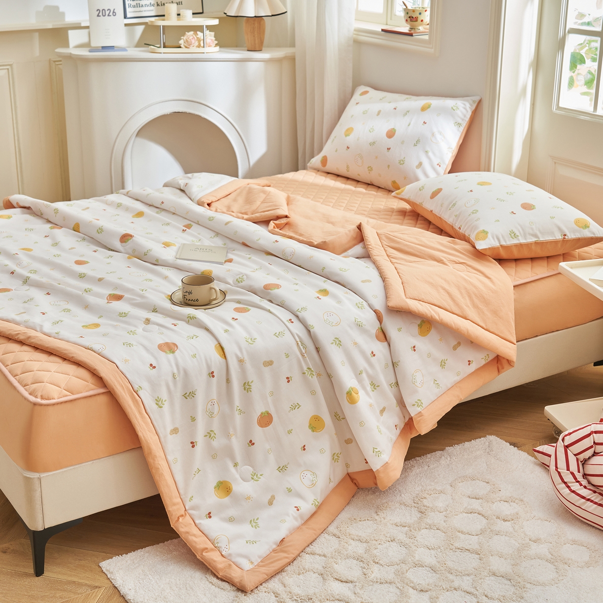 91家纺网 家纺一手货源 找家纺 吾秀家居 吾诺 2026新款 12868全棉印花棉花夏被四件套 全棉夏被四件套新疆棉花被 - 经典系列 元气小橙