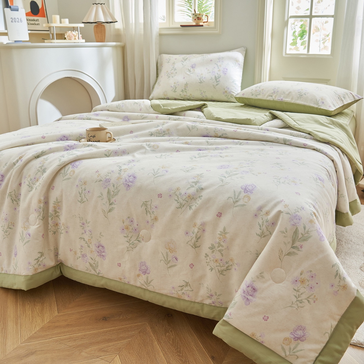 91家纺网 家纺一手货源 找家纺 吾秀家居 吾诺 2026新款 12868全棉印花棉花夏被四件套 全棉夏被四件套新疆棉花被 - 经典系列 紫苑花影