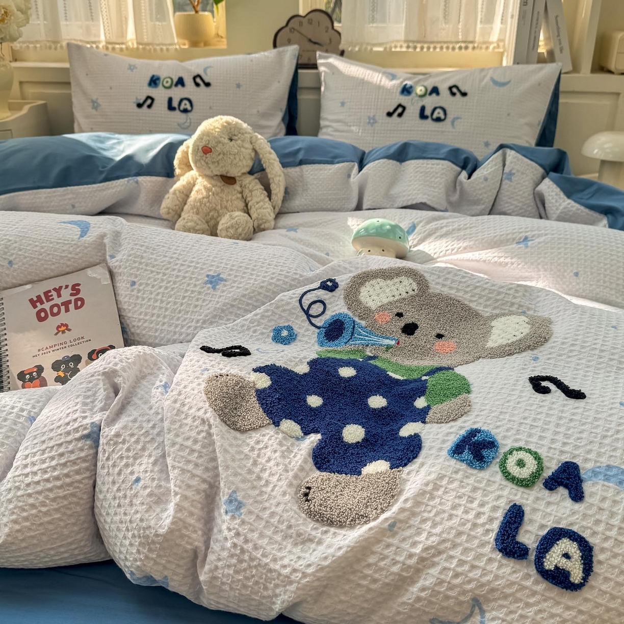 91家纺网 家纺一手货源 找家纺 宜家坊 2026新款全棉纯棉华夫格毛巾绣四件套 音乐派