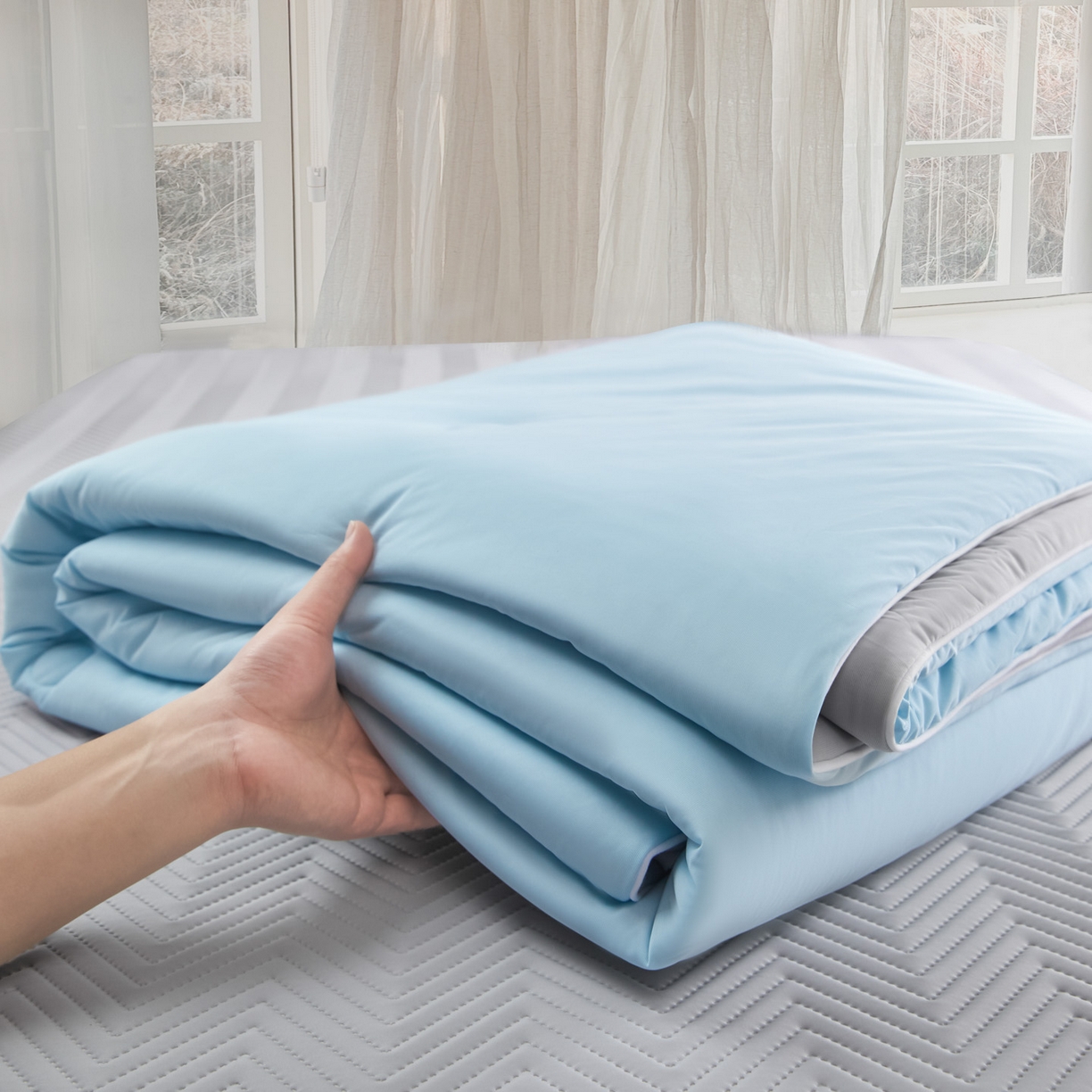 91家纺网 家纺一手货源 找家纺 吾秀家居 2026新款冰爽系列-凉感丝夏被四件套 冰蓝