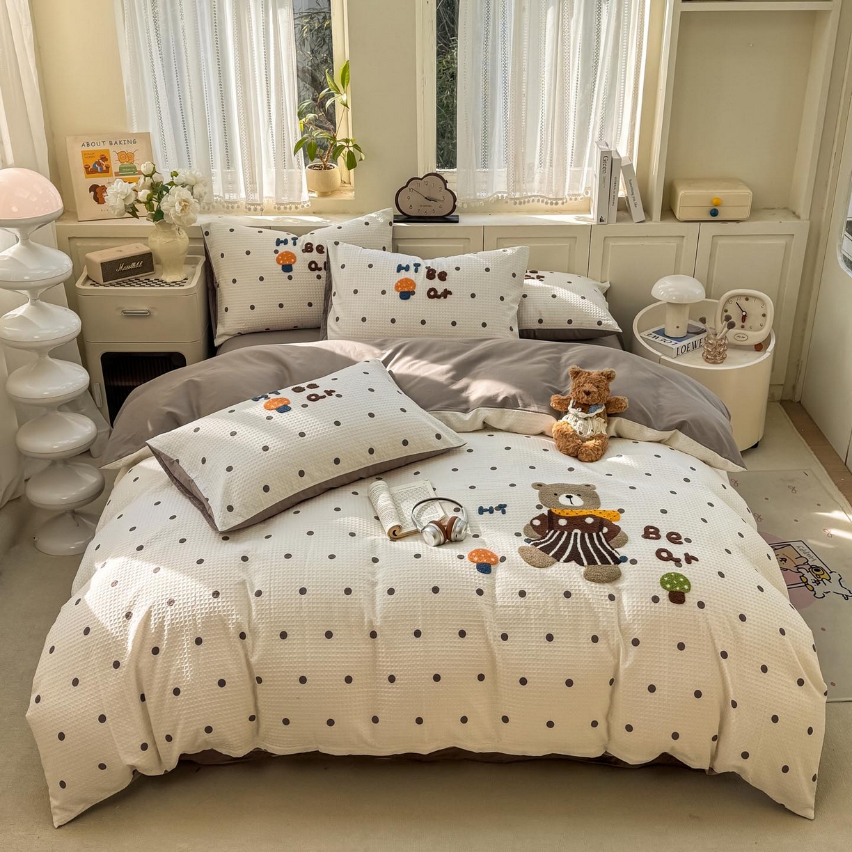 91家纺网 家纺一手货源 找家纺 宜家坊 2026新款全棉纯棉华夫格毛巾绣四件套 波点熊