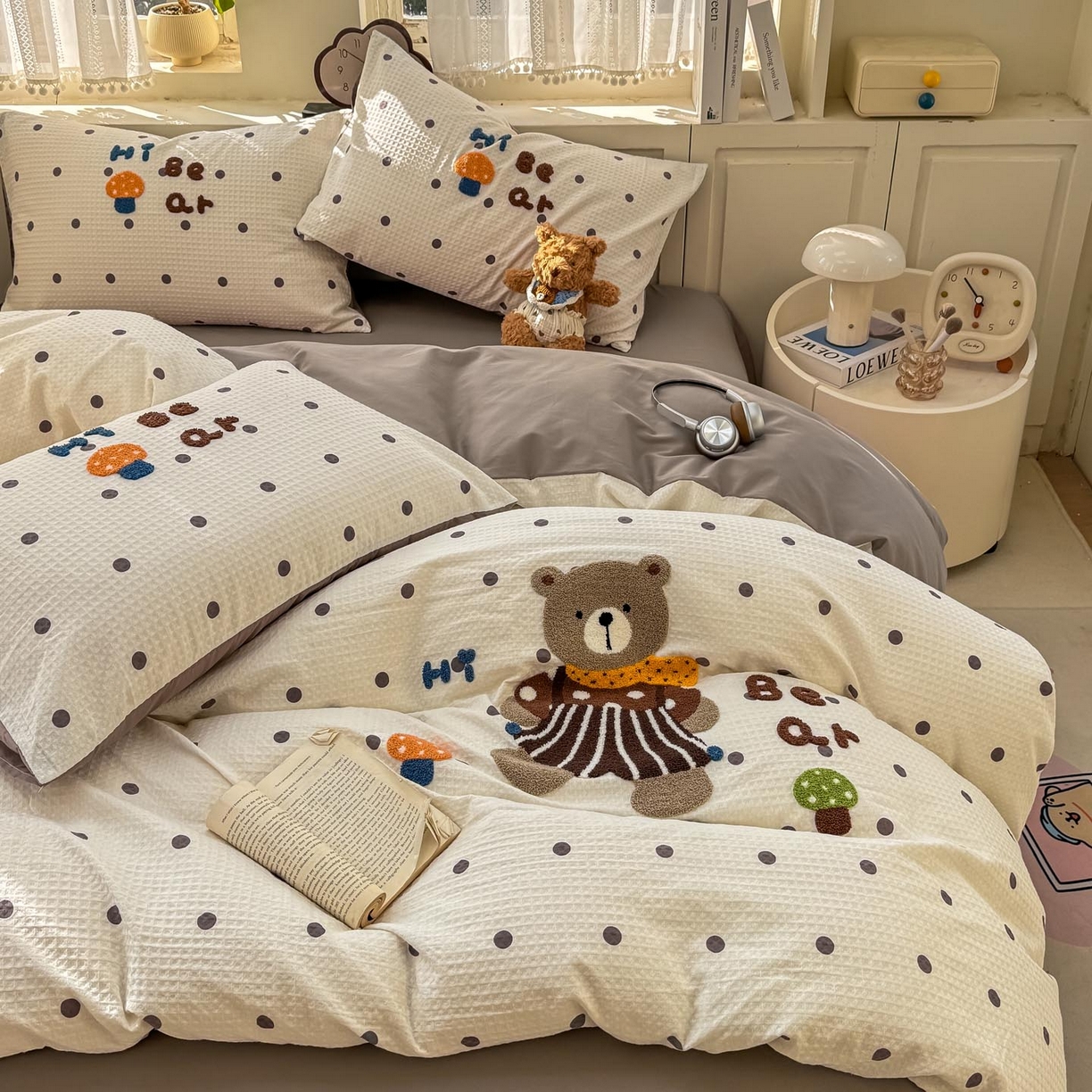 宜家坊 2026新款全棉纯棉华夫格毛巾绣四件套 波点熊