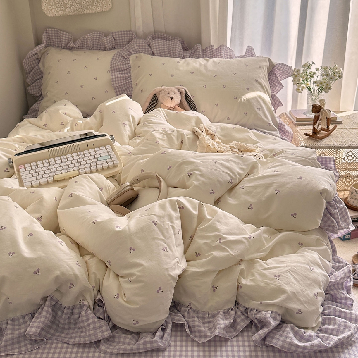 艾咪-Amy ntmy 2026新款法式花边全棉四件套-樱桃小格 花边款-樱桃小紫格