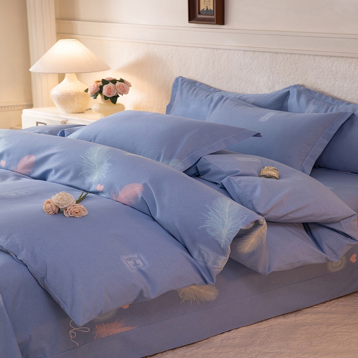 91家纺网 家纺一手货源 找家纺 磨毛世家家纺 2026新款多规格铂金磨毛纯棉加厚全棉磨毛四件套 永恒之羽-蓝