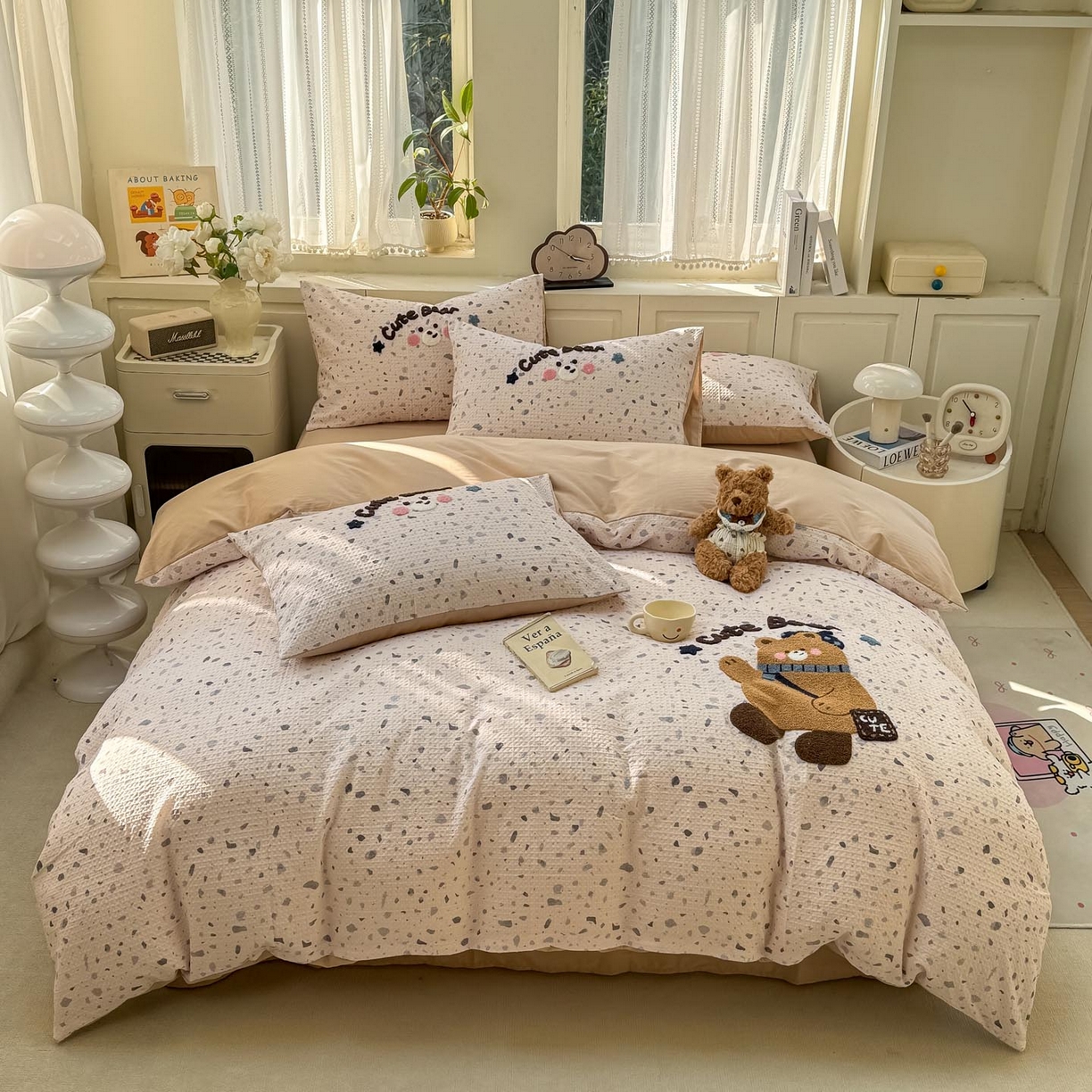 91家纺网 家纺一手货源 找家纺 宜家坊 2026新款全棉纯棉华夫格毛巾绣四件套 嘟嘟熊