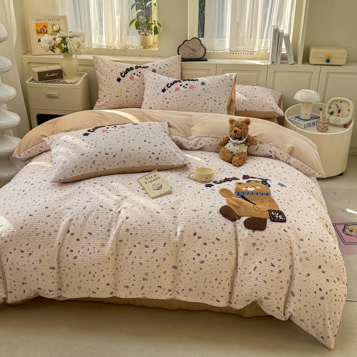 91家纺网 家纺一手货源 找家纺 宜家坊 2026新款全棉纯棉华夫格毛巾绣四件套 嘟嘟熊