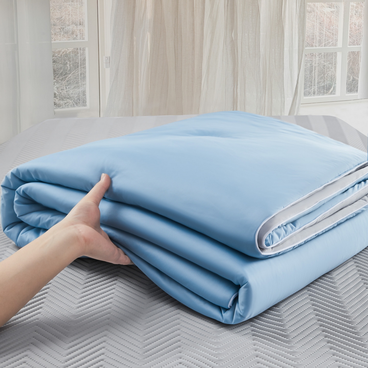 91家纺网 家纺一手货源 找家纺 吾秀家居 2026新款冰爽系列-凉感丝夏被四件套 海蓝