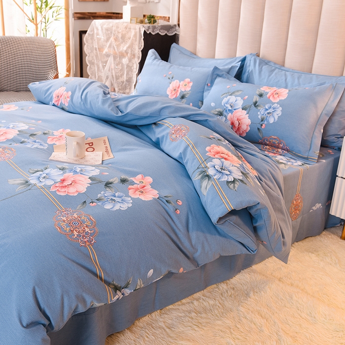 91家纺网 家纺一手货源 找家纺 磨毛世家家纺 2026新款多规格铂金磨毛纯棉加厚全棉磨毛四件套 因为爱情-蓝