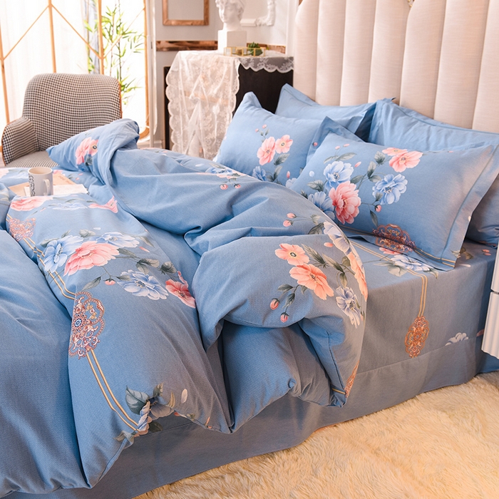 91家纺网 家纺一手货源 找家纺 磨毛世家家纺 2026新款多规格铂金磨毛纯棉加厚全棉磨毛四件套 因为爱情-蓝