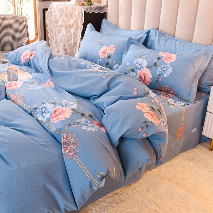 91家纺网 家纺一手货源 找家纺 磨毛世家家纺 2026新款多规格铂金磨毛纯棉加厚全棉磨毛四件套 因为爱情-蓝