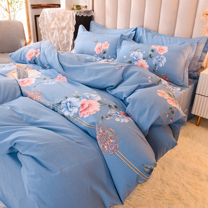 91家纺网 家纺一手货源 找家纺 磨毛世家家纺 2026新款多规格铂金磨毛纯棉加厚全棉磨毛四件套 因为爱情-蓝