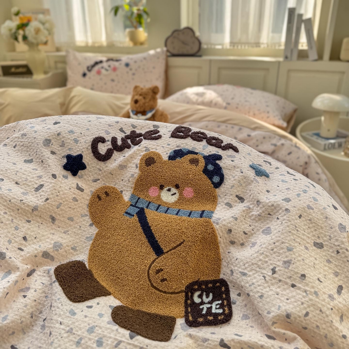 91家纺网 家纺一手货源 找家纺 宜家坊 2026新款全棉纯棉华夫格毛巾绣四件套 嘟嘟熊