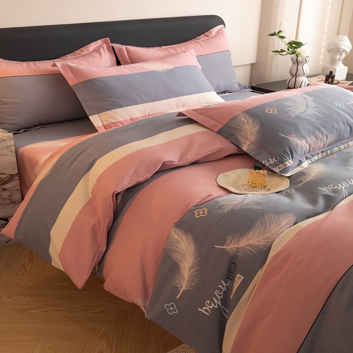 91家纺网 家纺一手货源 找家纺 磨毛世家家纺 2026新款多规格铂金磨毛纯棉加厚全棉磨毛四件套 羽飞舞-豆沙