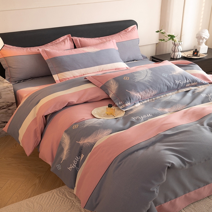 91家纺网 家纺一手货源 找家纺 磨毛世家家纺 2026新款多规格铂金磨毛纯棉加厚全棉磨毛四件套 羽飞舞-豆沙