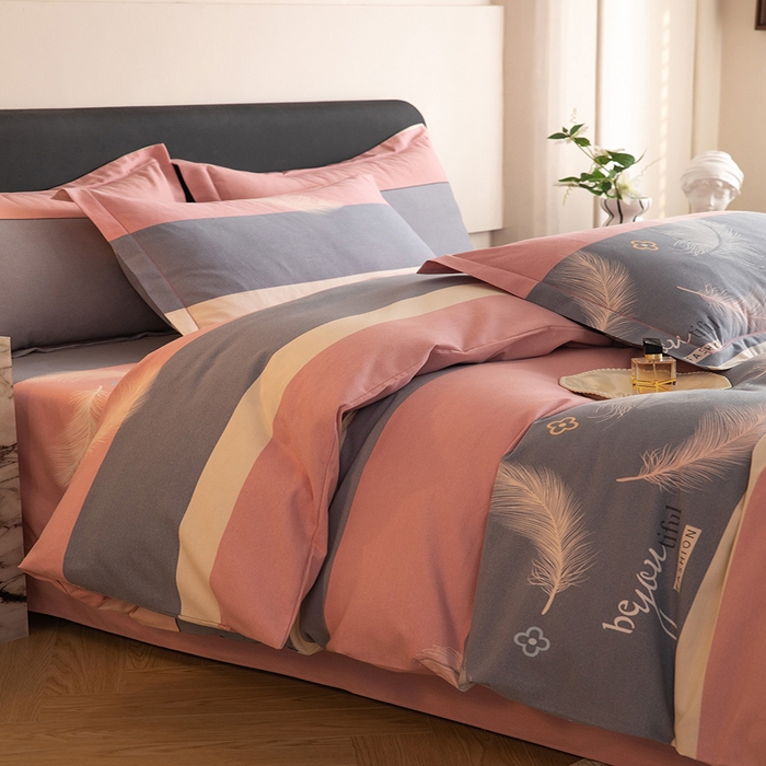 91家纺网 家纺一手货源 找家纺 磨毛世家家纺 2026新款多规格铂金磨毛纯棉加厚全棉磨毛四件套 羽飞舞-豆沙