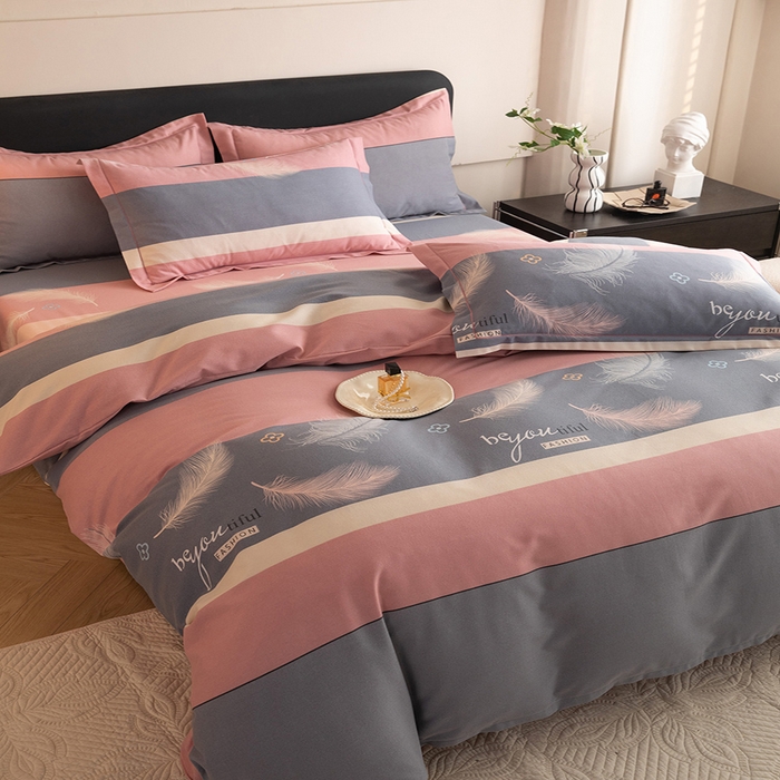 91家纺网 家纺一手货源 找家纺 磨毛世家家纺 2026新款多规格铂金磨毛纯棉加厚全棉磨毛四件套 羽飞舞-豆沙