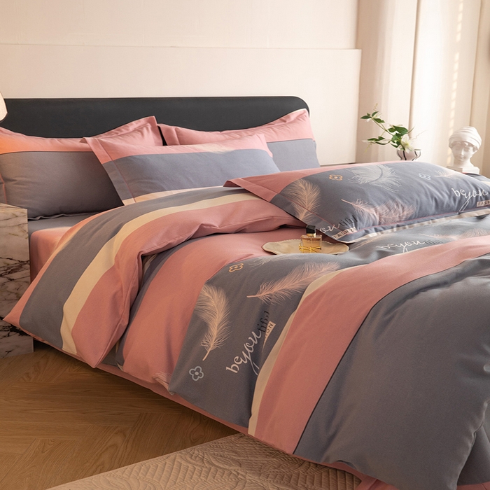 91家纺网 家纺一手货源 找家纺 磨毛世家家纺 2026新款多规格铂金磨毛纯棉加厚全棉磨毛四件套 羽飞舞-豆沙