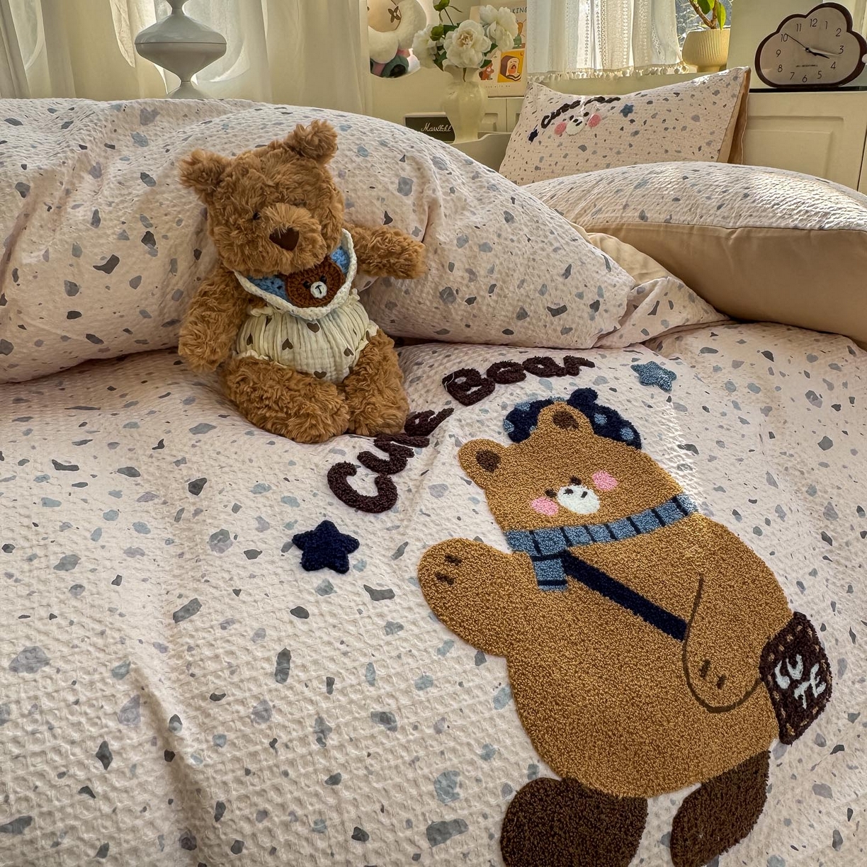 91家纺网 家纺一手货源 找家纺 宜家坊 2026新款全棉纯棉华夫格毛巾绣四件套 嘟嘟熊