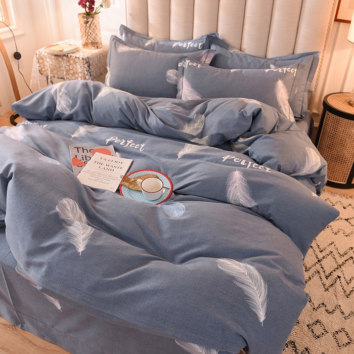91家纺网 家纺一手货源 找家纺 磨毛世家家纺 2026新款多规格铂金磨毛纯棉加厚全棉磨毛四件套 羽毛飘飘-蓝