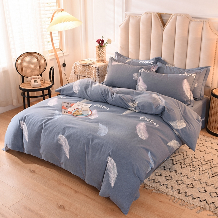 91家纺网 家纺一手货源 找家纺 磨毛世家家纺 2026新款多规格铂金磨毛纯棉加厚全棉磨毛四件套 羽毛飘飘-蓝