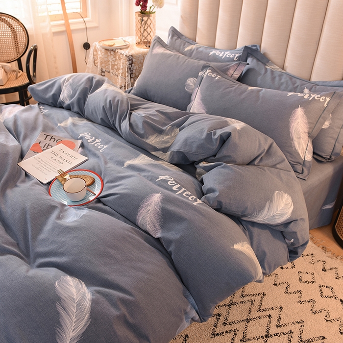 91家纺网 家纺一手货源 找家纺 磨毛世家家纺 2026新款多规格铂金磨毛纯棉加厚全棉磨毛四件套 羽毛飘飘-蓝