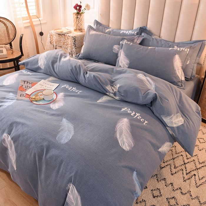 91家纺网 家纺一手货源 找家纺 磨毛世家家纺 2026新款多规格铂金磨毛纯棉加厚全棉磨毛四件套 羽毛飘飘-蓝