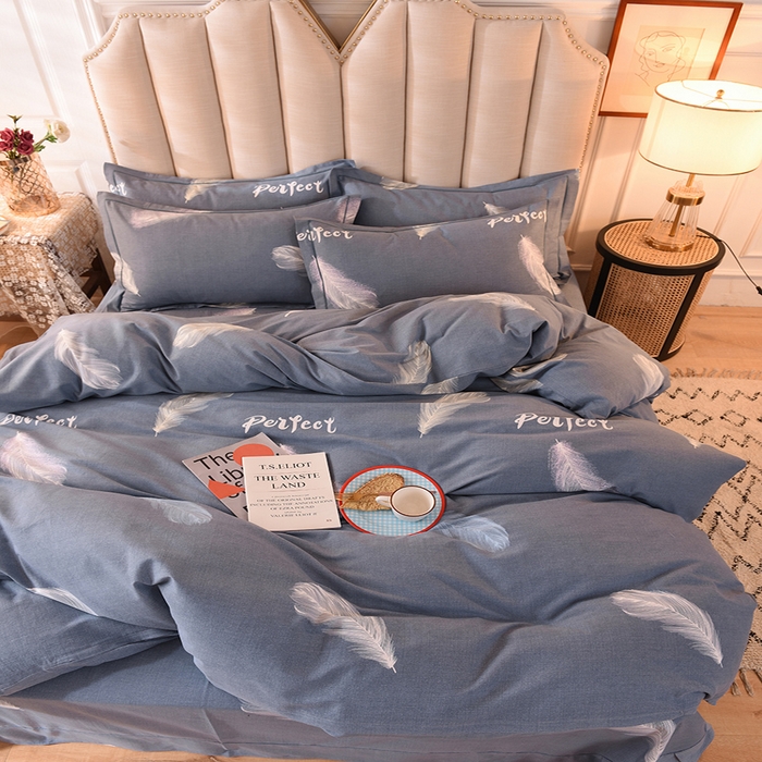 91家纺网 家纺一手货源 找家纺 磨毛世家家纺 2026新款多规格铂金磨毛纯棉加厚全棉磨毛四件套 羽毛飘飘-蓝